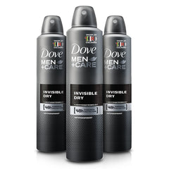 Dove Men Care Invisible Dry Spray bottle with clear, residue-free protection.