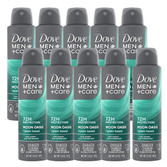 Dove Men+Care Moon Oasis dry spray bottle exterior with recyclable packaging.