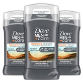 Dove Men+Care Morning Fresco packaging shows aluminum-free formula with long-lasting protection.
