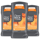 Dove Men+Care rustic sandalwood antiperspirant stick 3-pack for all-day odor and sweat protection.