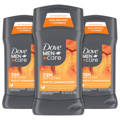 Dove Men+Care rustic sandalwood antiperspirant stick 3-pack for all-day odor and sweat protection.