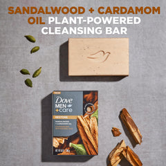 Dove Men+Care sandalwood-cardamom cleansing bar texture close-up showing creamy moisture.