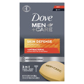 Dove Men+Care Skin Defense soap bar pack shot shows antibacterial formula for clean skin.