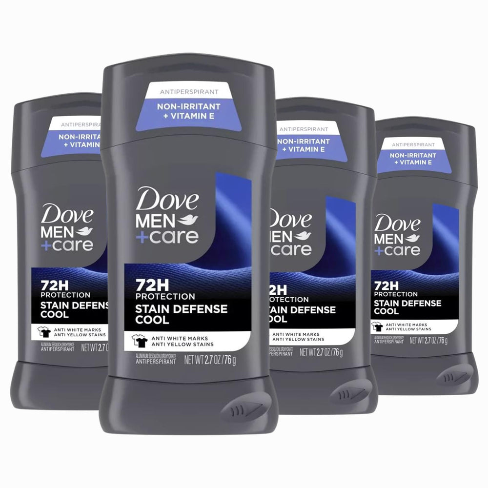 Dove Men+Care Stain Defense Cool stick in a 4-pack offering all-day freshness and stain protection.