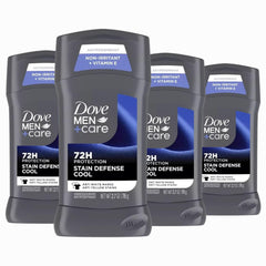 Dove Men+Care Stain Defense Cool stick in a 4-pack offering all-day freshness and stain protection.