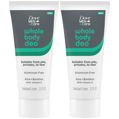Dove Men+Care Whole Body Deo packaging in a 2-pack for all-day odor control.