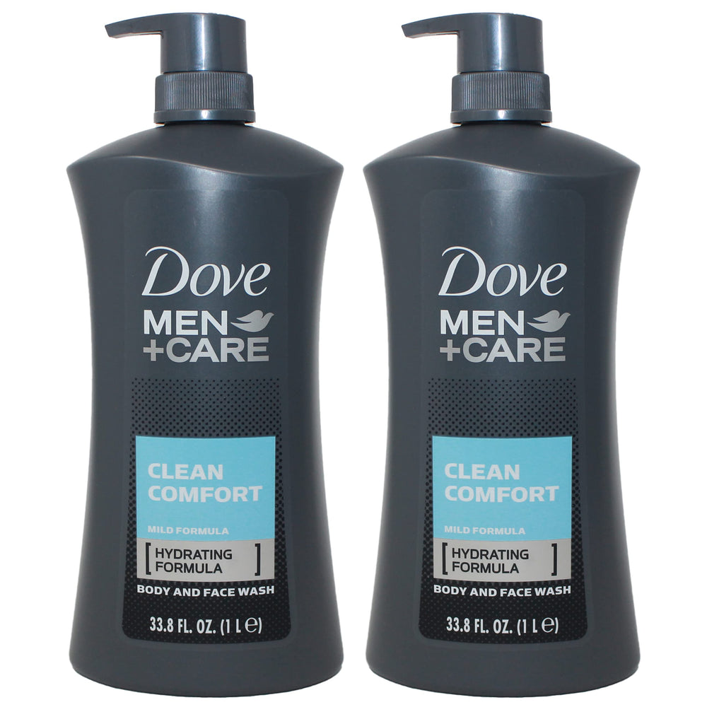Dove Men Clean Comfort body wash bottle for hydrated, refreshed skin after shower.