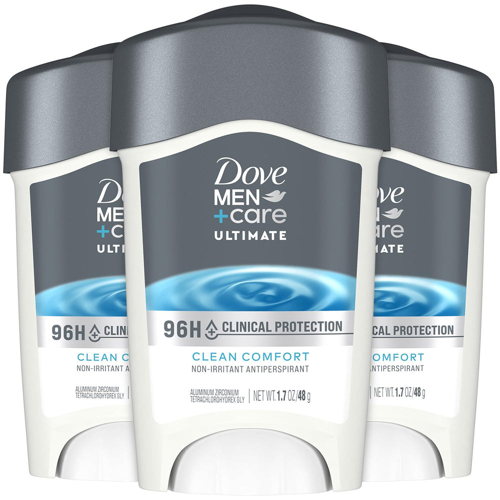 Dove Men+Care 96H protection pack front showing three bottles for long-lasting dryness