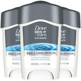 Dove Men+Care 96H protection pack front showing three bottles for long-lasting dryness
