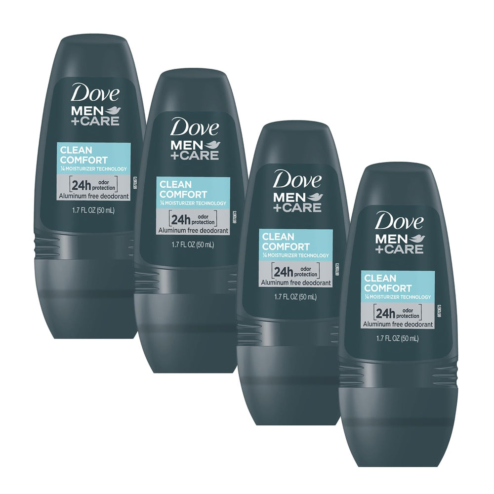 Dove Men+Care Clean Comfort roll-on deodorant four-pack bottle close-up showing all-day protection.