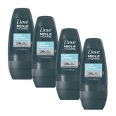 Dove Men+Care Clean Comfort roll-on deodorant four-pack bottle close-up showing all-day protection.