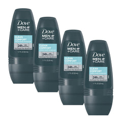 Dove Men+Care Clean Comfort roll-on deodorant four-pack bottle close-up showing all-day protection.