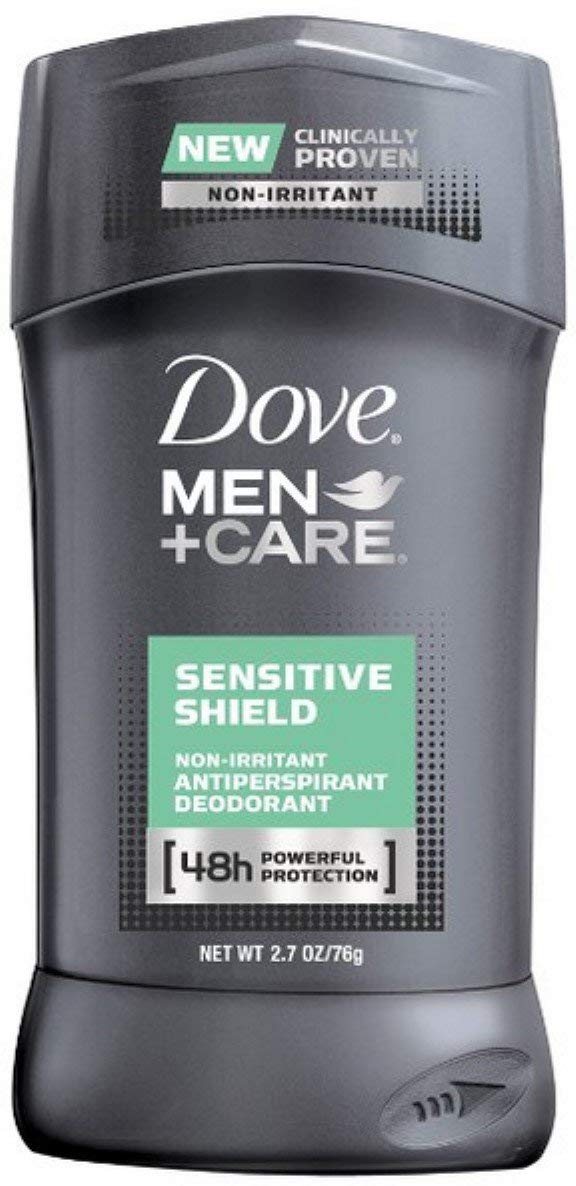 Dove Men+Care Sensitive Shield bottle showing gentle protection for sensitive underarms all day.