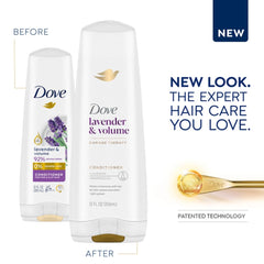 Dove Thickening Conditioner application highlights lavender and rosemary for added fullness.