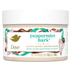 Dove Peppermint Bark scrub jar shows nourishing exfoliation for silky skin.