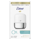 Dove refillable deodorant starter kit case shows durable stainless steel for long-lasting use