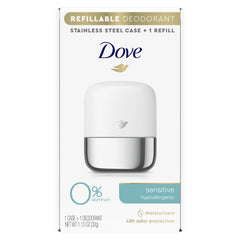 Dove refillable deodorant starter kit case shows durable stainless steel for long-lasting use
