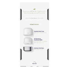 Dove stainless steel base for refillable deodorant shown for long-lasting reuse.