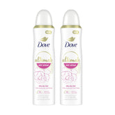 Dove Ultimate Dry Spray peony and rose water pack shot shows convenient 2-pack for daily protection