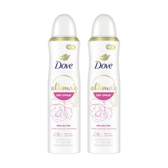 Dove Ultimate Dry Spray peony and rose water pack shot shows convenient 2-pack for daily protection