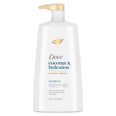 Dove Ultra Care Coconut Hydration bottle boosts moisture for soft hair.