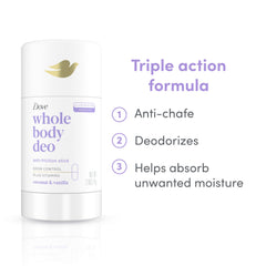 Dove Whole Body Deo keeps underarms fresh with tropical coconut-vanilla scent.