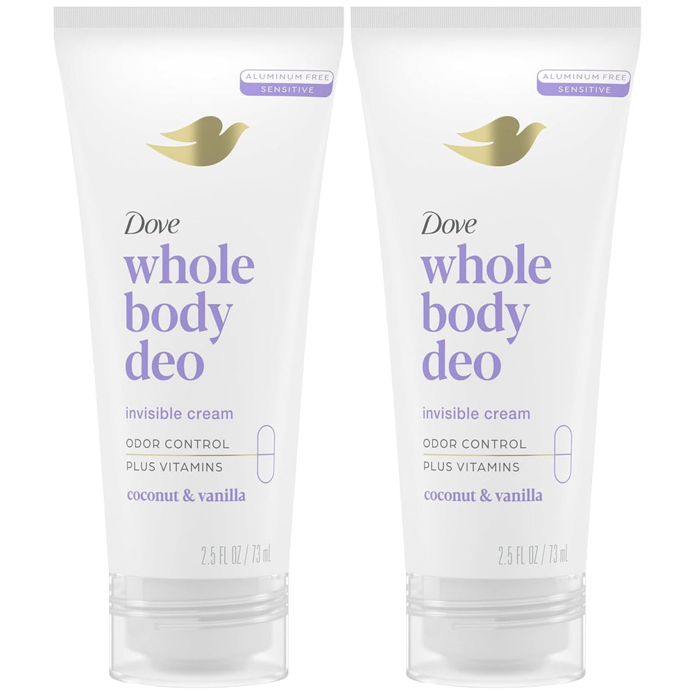 Dove Whole Body Deo coconut-vanilla cream jar for all-day odor control.