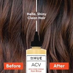 Pour shot of dpHUE ACV Hair Rinse emphasizing easy application