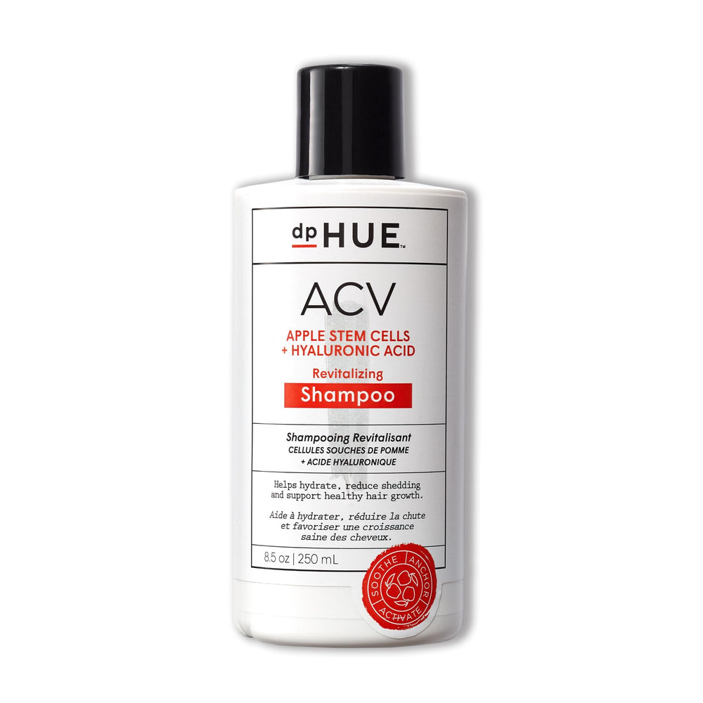 dpHUE ACV Revitalizing Shampoo bottle shot highlighting a color-safe formula for balanced scalp.