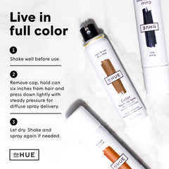 Applying dpHUE touch-up spray for targeted root coverage and blending.