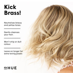 dpHUE Cool Blonde Shampoo being poured to cleanse and balance tones.