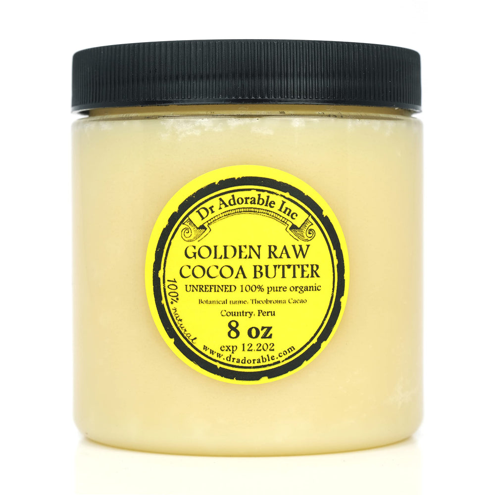 Dr Adorable Golden Cocoa Butter jar highlights pure, unrefined formula for deep skin hydration.