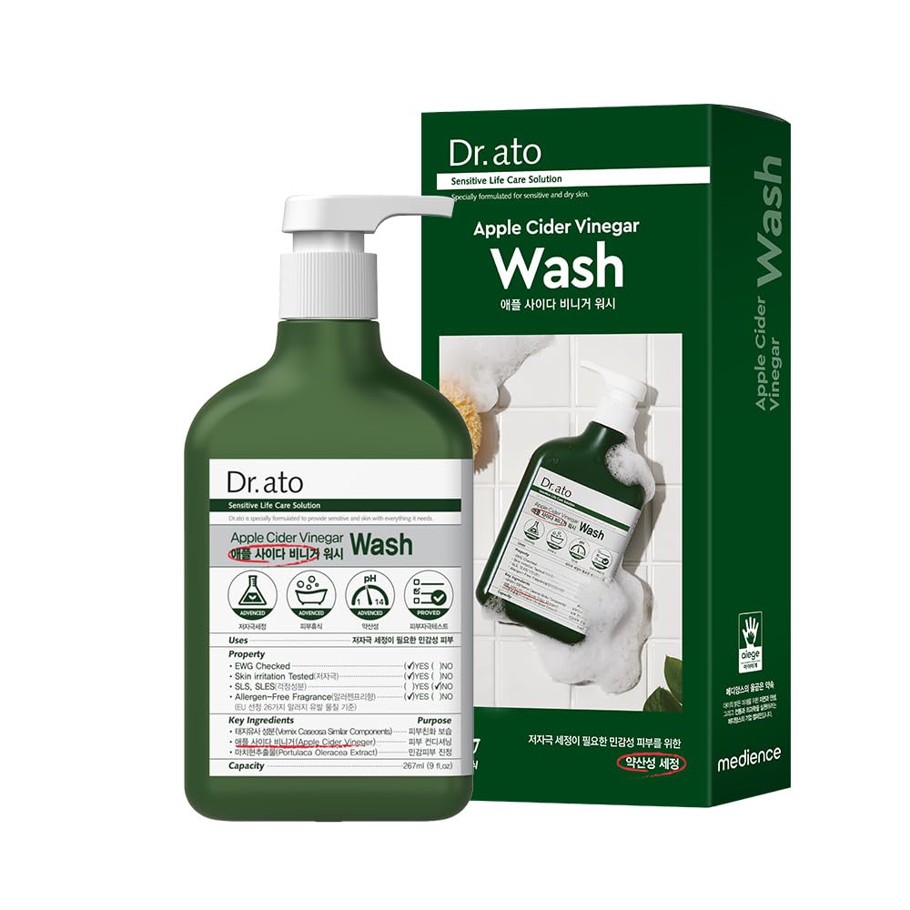 Dr. ato Apple Cider Vinegar Body Wash bottle pouring for gentle cleansing