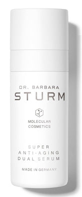 Dr. Barbara Sturm Super Anti Aging Dual Serum bottle highlights premium hydration.