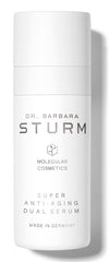 Dr. Barbara Sturm Super Anti Aging Dual Serum bottle highlights premium hydration.