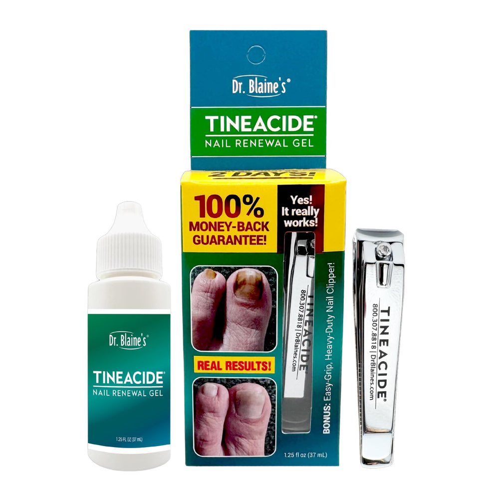 Dr. Blaine's Tineacide nail renewal gel bottle showcases a nourishing formula for healthier nails.