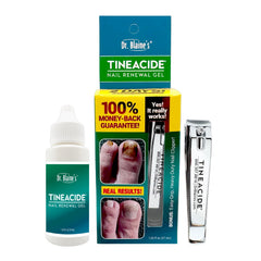 Dr. Blaine's Tineacide nail renewal gel bottle showcases a nourishing formula for healthier nails.