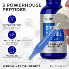 Dr. Brenner Copper Peptide Serum texture with dropper illustrating quick absorption for daily care