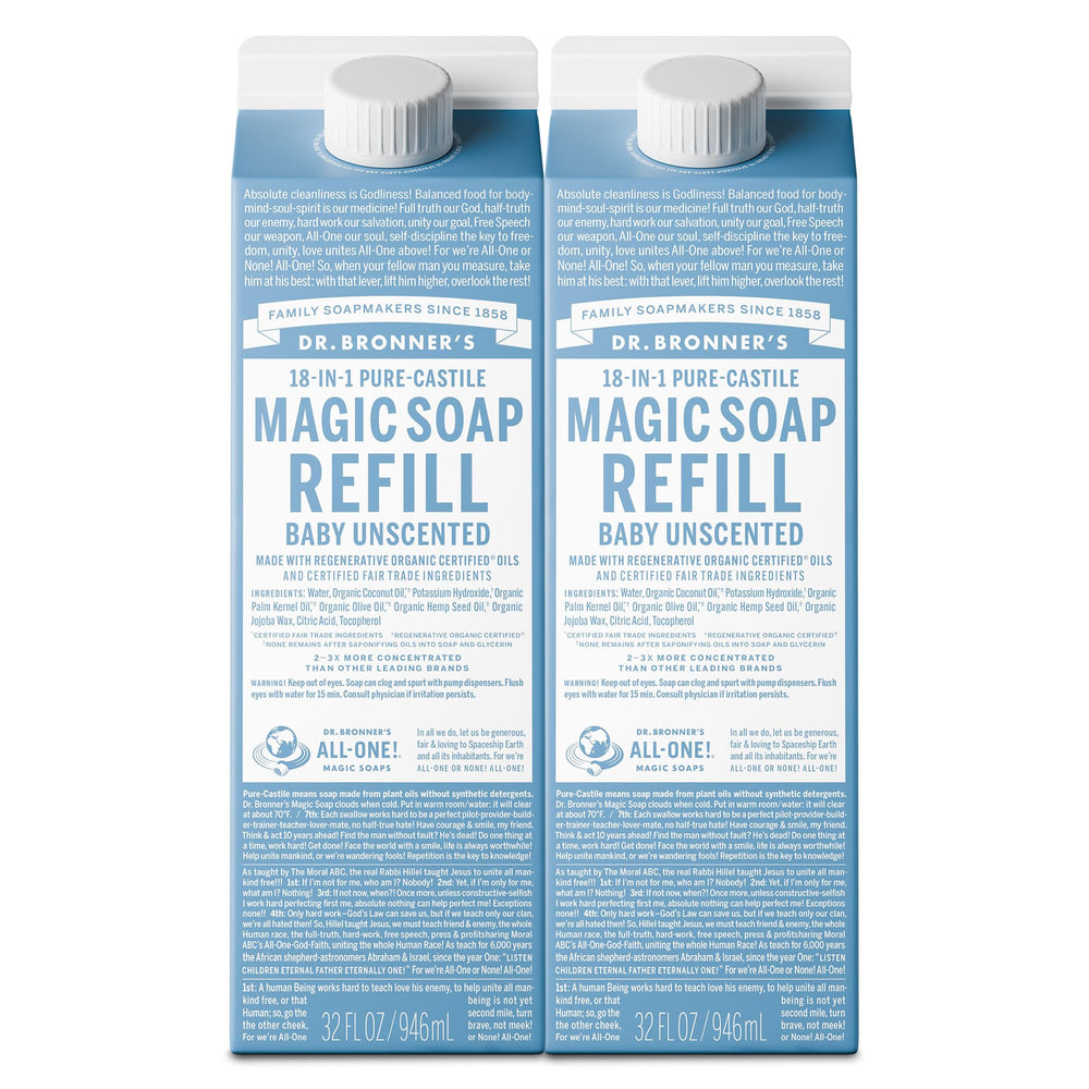 Dr. Bronner's Baby Unscented refill carton, versatile cleansing for skin and home uses