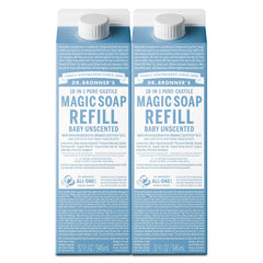Dr. Bronner's Baby Unscented refill carton, versatile cleansing for skin and home uses