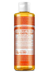 Dr. Bronner's Castile Tea Tree Soap bottle pouring, versatile skin and surface cleansing