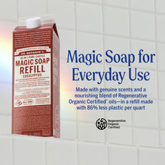 Dr. Bronner's eucalyptus soap pour illustrating easy dilution for tasks