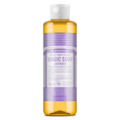 Dr. Bronner's lavender pure-castile soap bottle 8oz ready for daily cleansing.