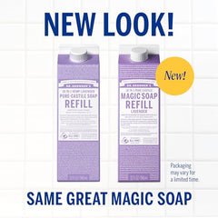 Dr. Bronner's Lavender refill carton highlights eco-friendly packaging.