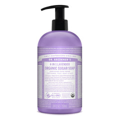Dr. Bronner's Lavender Sugar Soap bottle front for gentle daily cleansing with organic oils.