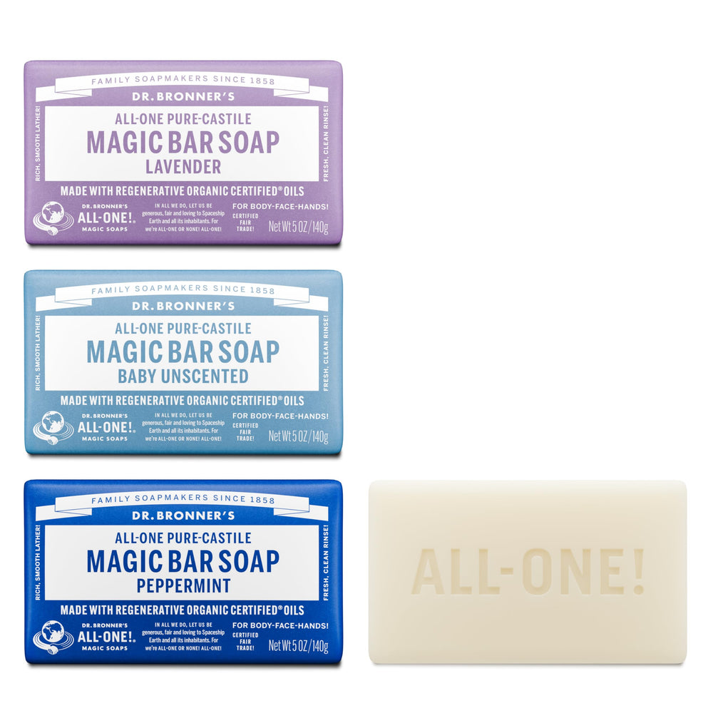 Dr Bronners Magic Bar Peppermint lather for refreshing face and body cleanse.