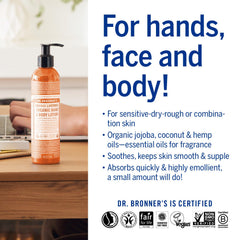 Dr Bronner's emollient-rich lotion massaged into skin for a relaxing routine.