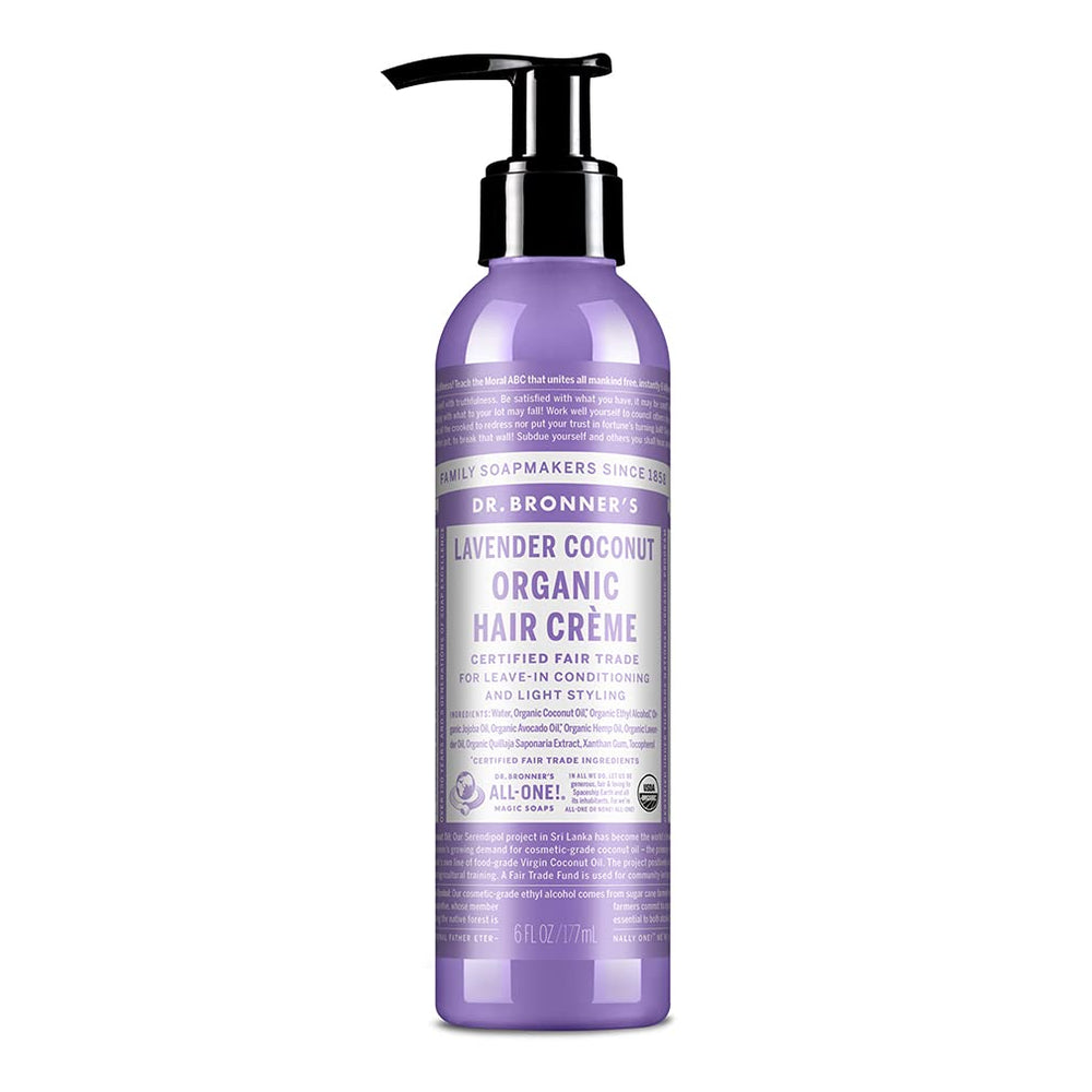 Dr. Bronner's Lavender Coconut Organic Hair Creme jar showing natural ingredients.