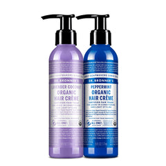 Dr. Bronner's Organic Hair Crème bottle with lavender scent for smooth, frizz control.