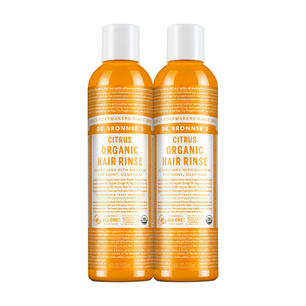 Dr. Bronner's Organic Hair Rinse Citrus Orange bottle showing refreshing citrus aroma and lightweight conditioning.